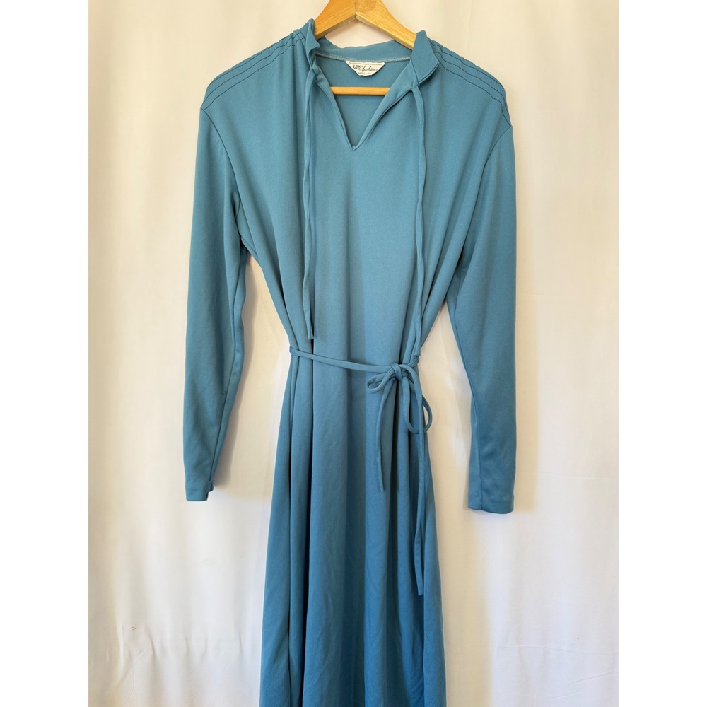 Vintage MR Fashions Blue Long Sleeve Midi Dress Tie Neck Waist‎ Knit 70s Retro